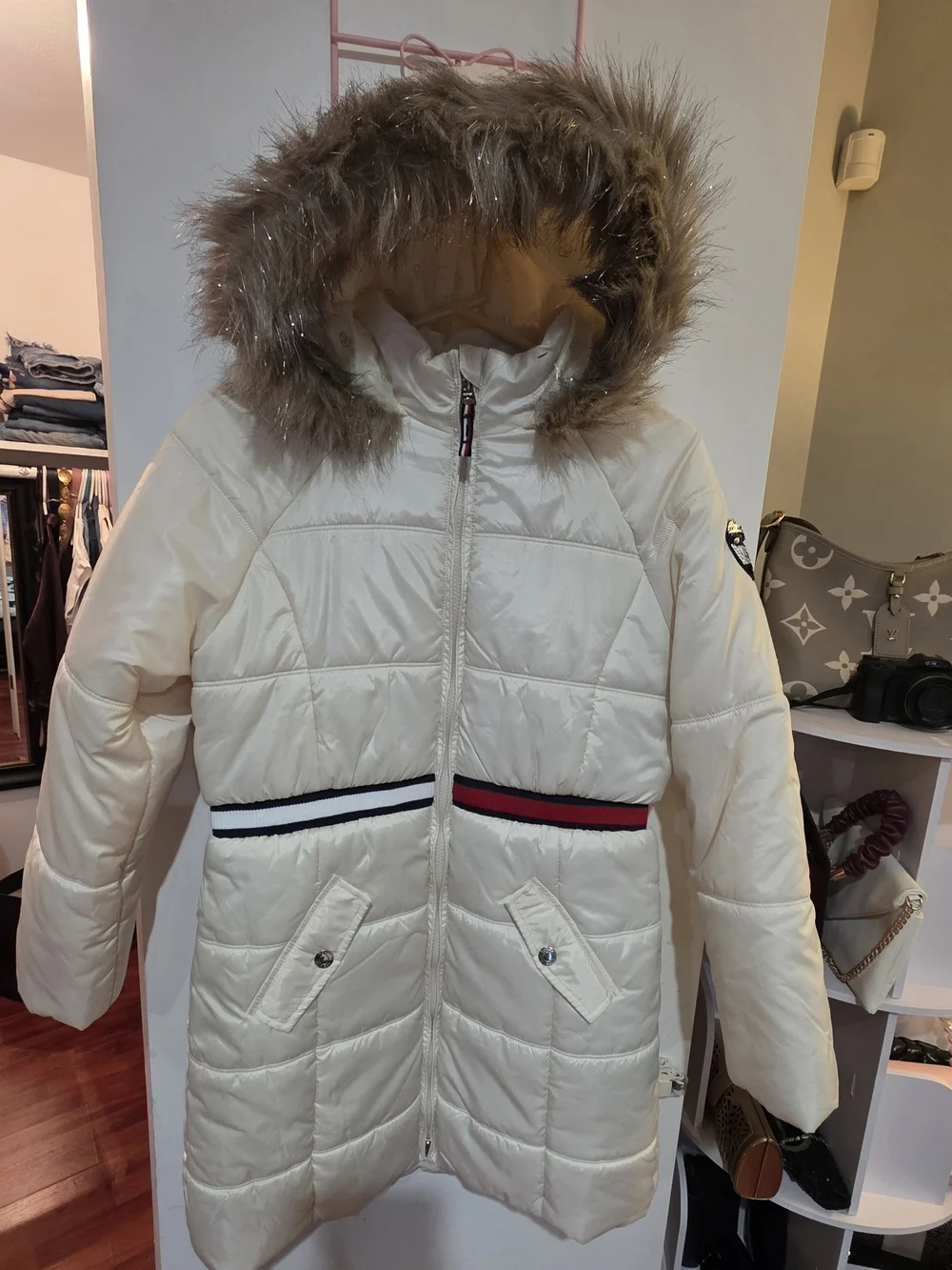 Tommy Hilfiger Cream Hooded Quilted Puffer with Faux-Fur Trim